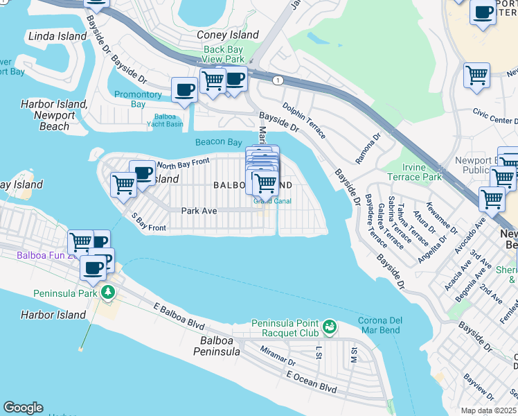 map of restaurants, bars, coffee shops, grocery stores, and more near 204 Marine Avenue in Newport Beach
