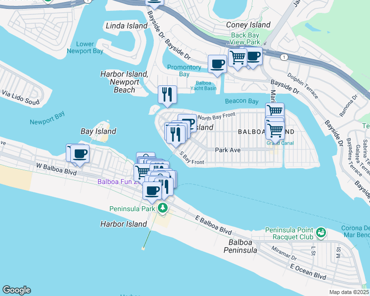 map of restaurants, bars, coffee shops, grocery stores, and more near 128 Opal Avenue in Newport Beach