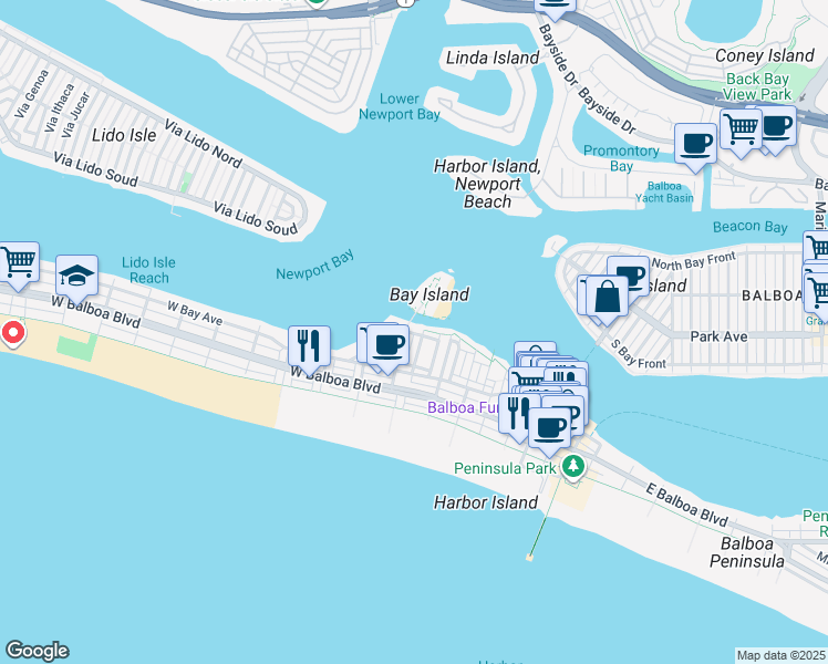 map of restaurants, bars, coffee shops, grocery stores, and more near 501 Buena Vista Boulevard in Newport Beach