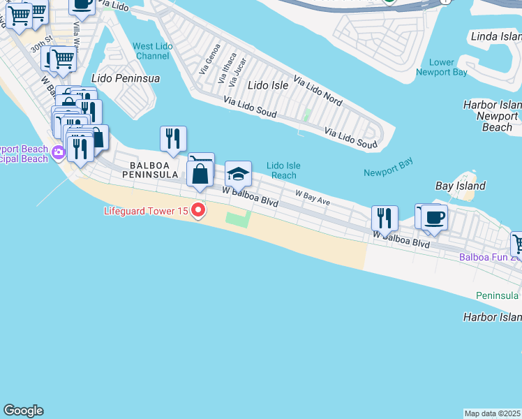 map of restaurants, bars, coffee shops, grocery stores, and more near 1242 West Oceanfront in Newport Beach