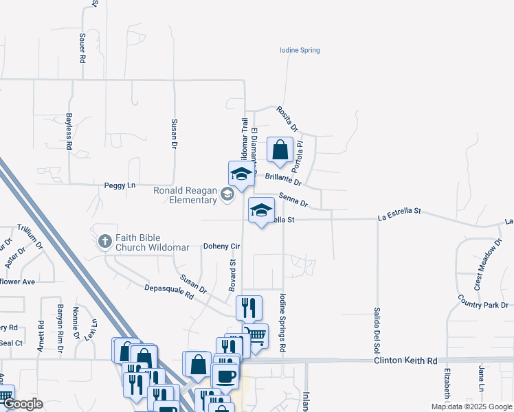 map of restaurants, bars, coffee shops, grocery stores, and more near 24030 Plata Court in Wildomar