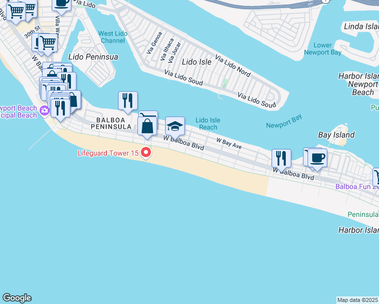 map of restaurants, bars, coffee shops, grocery stores, and more near 1232 West Oceanfront in Newport Beach