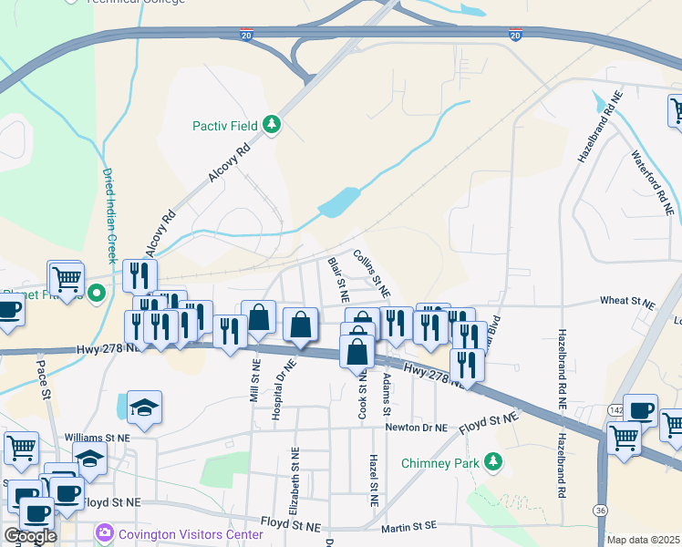 map of restaurants, bars, coffee shops, grocery stores, and more near 6129 Sorrell Street Northeast in Covington