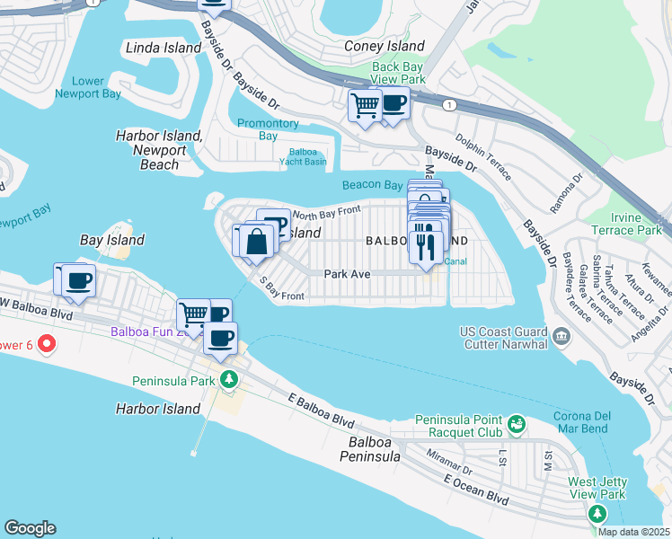 map of restaurants, bars, coffee shops, grocery stores, and more near 201 Diamond Avenue in Newport Beach