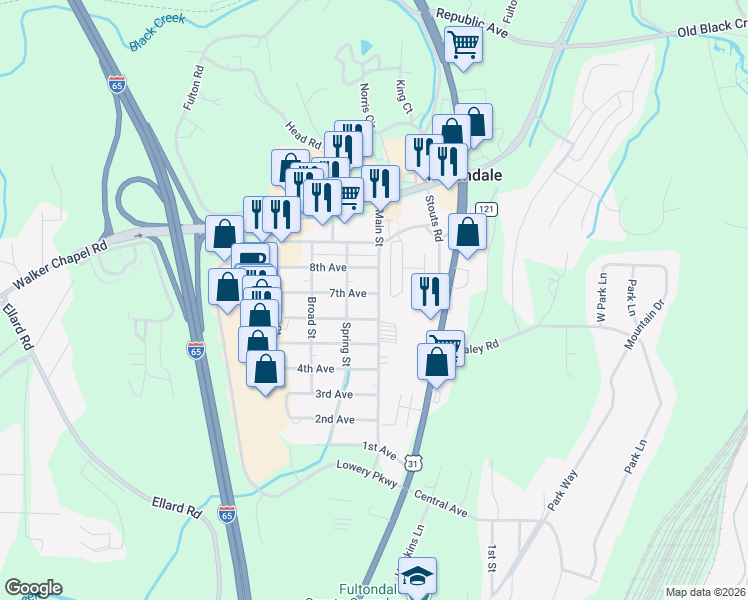 map of restaurants, bars, coffee shops, grocery stores, and more near 1204 7th Avenue in Fultondale