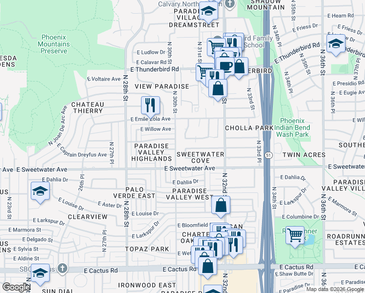 map of restaurants, bars, coffee shops, grocery stores, and more near 13040 North 30th Place in Phoenix