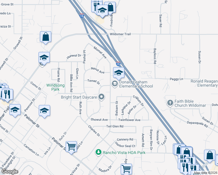 map of restaurants, bars, coffee shops, grocery stores, and more near 35376 Woshka Lane in Wildomar