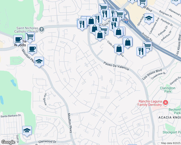 map of restaurants, bars, coffee shops, grocery stores, and more near 65 Calle Aragon in Laguna Woods