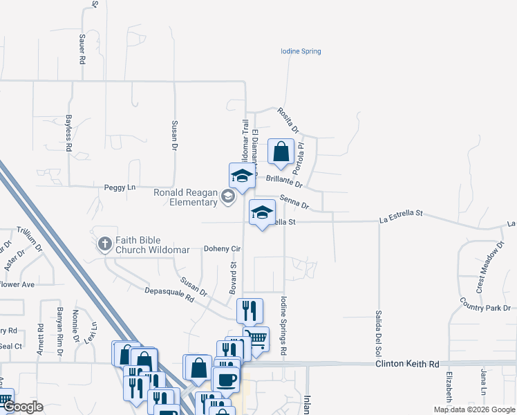 map of restaurants, bars, coffee shops, grocery stores, and more near 24030 Plata Court in Wildomar