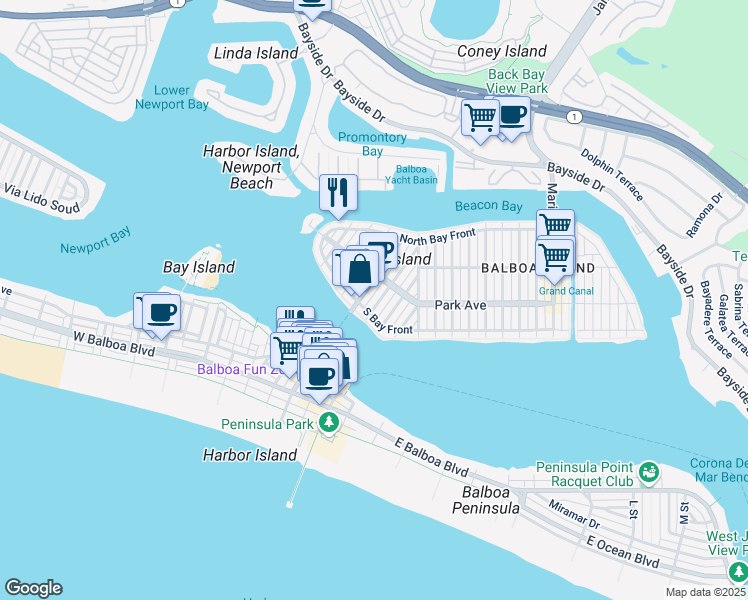 map of restaurants, bars, coffee shops, grocery stores, and more near 128 Opal Avenue in Newport Beach