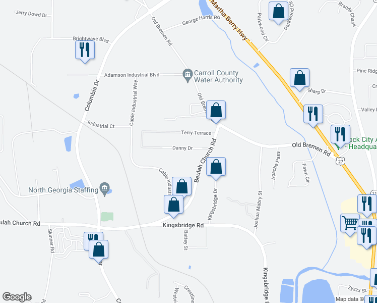 map of restaurants, bars, coffee shops, grocery stores, and more near 110 Danny Drive in Carrollton