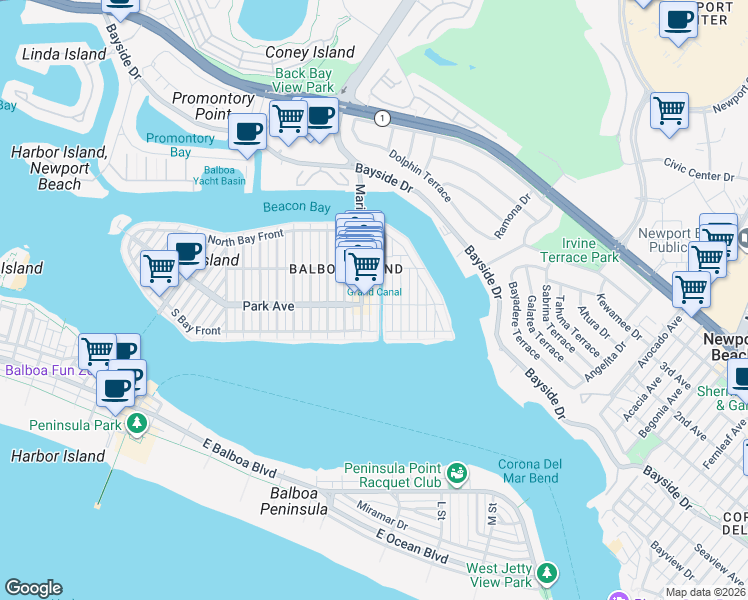 map of restaurants, bars, coffee shops, grocery stores, and more near 204 Marine Avenue in Newport Beach