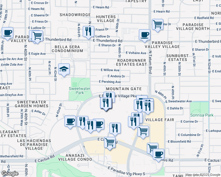 map of restaurants, bars, coffee shops, grocery stores, and more near 4515 East Pershing Avenue in Phoenix