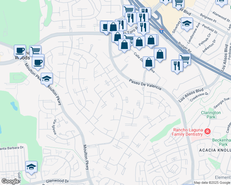 map of restaurants, bars, coffee shops, grocery stores, and more near 65 Calle Aragon in Laguna Woods