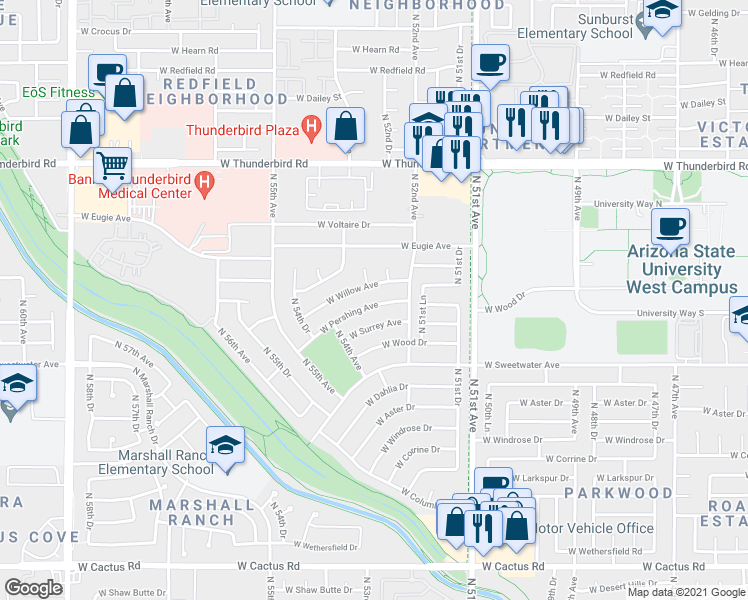 map of restaurants, bars, coffee shops, grocery stores, and more near 5234 West Pershing Avenue in Glendale