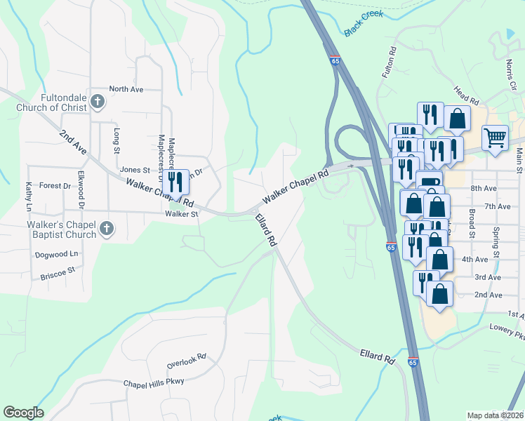 map of restaurants, bars, coffee shops, grocery stores, and more near 2312 County Road 120 in Fultondale