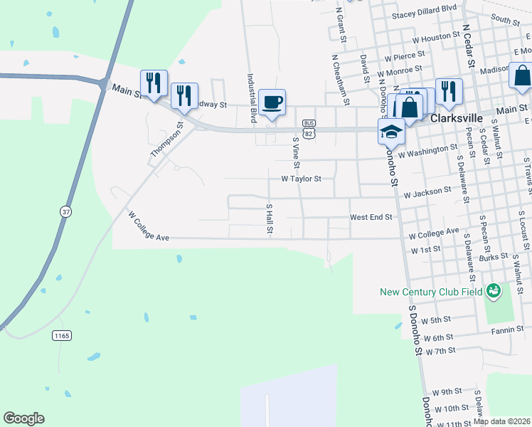 map of restaurants, bars, coffee shops, grocery stores, and more near 603 South Hall Street in Clarksville