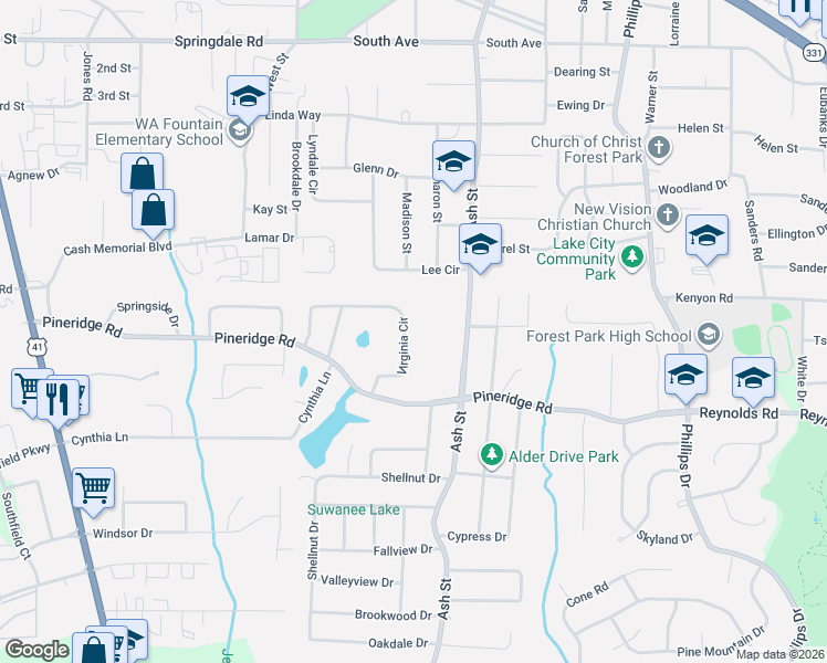 map of restaurants, bars, coffee shops, grocery stores, and more near 754 Virginia Circle in Forest Park