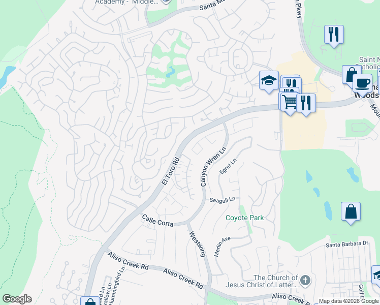 map of restaurants, bars, coffee shops, grocery stores, and more near 4 Wigeon Lane in Aliso Viejo