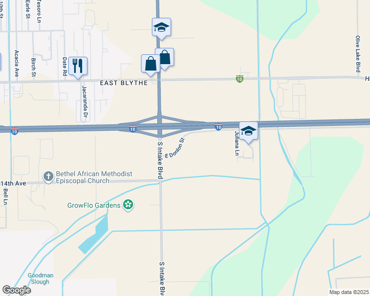map of restaurants, bars, coffee shops, grocery stores, and more near East Donlon Street in Blythe