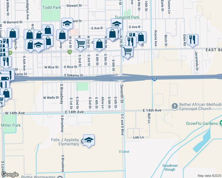 map of restaurants, bars, coffee shops, grocery stores, and more near 342 South 5th Street in Blythe