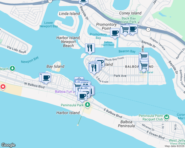 map of restaurants, bars, coffee shops, grocery stores, and more near 404 South Bay Front in Newport Beach