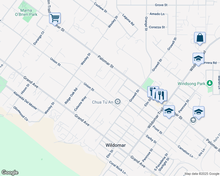 map of restaurants, bars, coffee shops, grocery stores, and more near 32659 Ascot Hill Circle in Wildomar