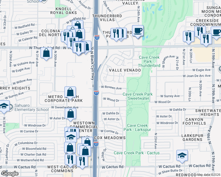 map of restaurants, bars, coffee shops, grocery stores, and more near 2615 West Roveen Avenue in Phoenix
