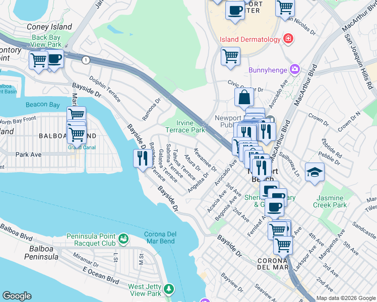 map of restaurants, bars, coffee shops, grocery stores, and more near 1900 Altura Drive in Newport Beach