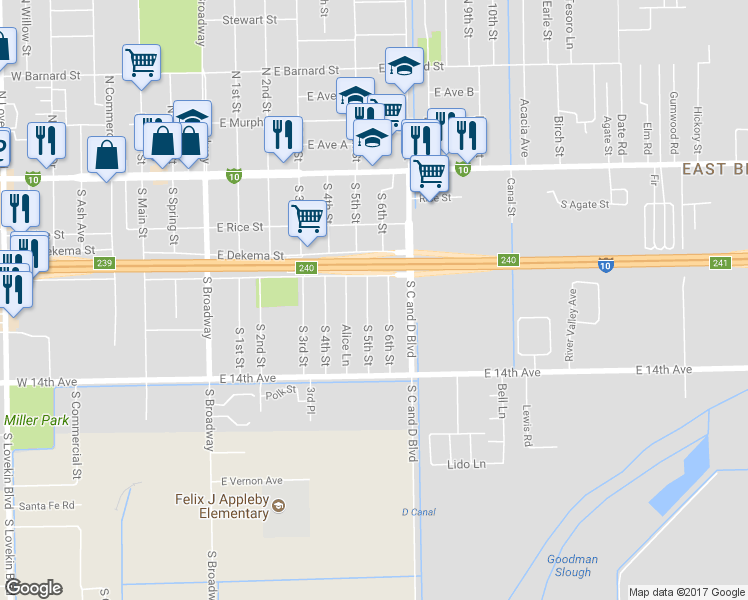 map of restaurants, bars, coffee shops, grocery stores, and more near 342 South 5th Street in Blythe
