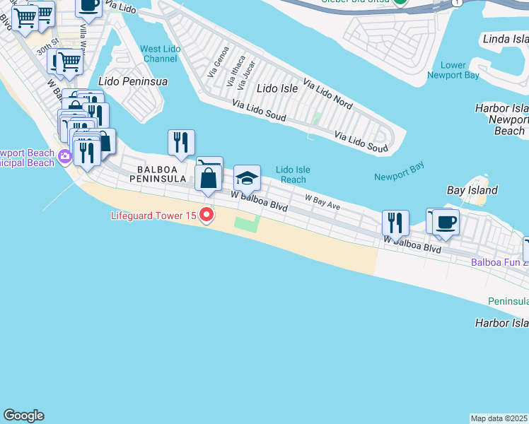 map of restaurants, bars, coffee shops, grocery stores, and more near 1242 West Oceanfront in Newport Beach