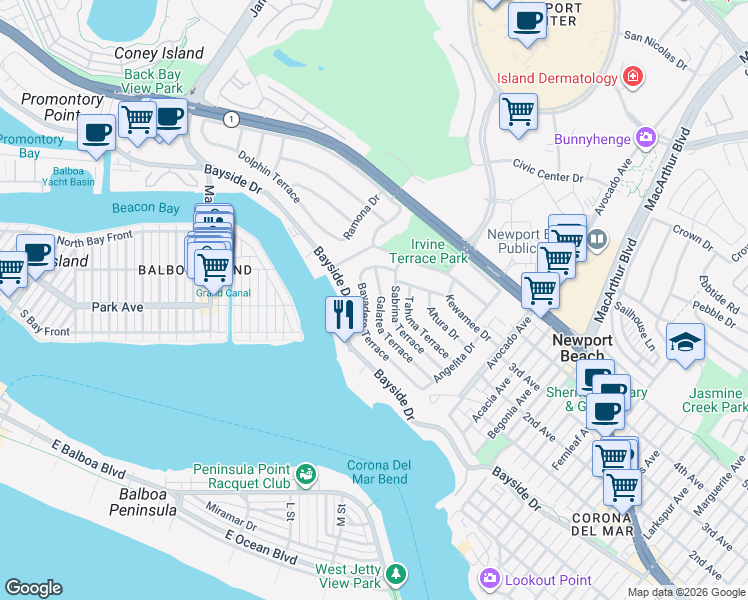 map of restaurants, bars, coffee shops, grocery stores, and more near 1727 Galatea Terrace in Newport Beach