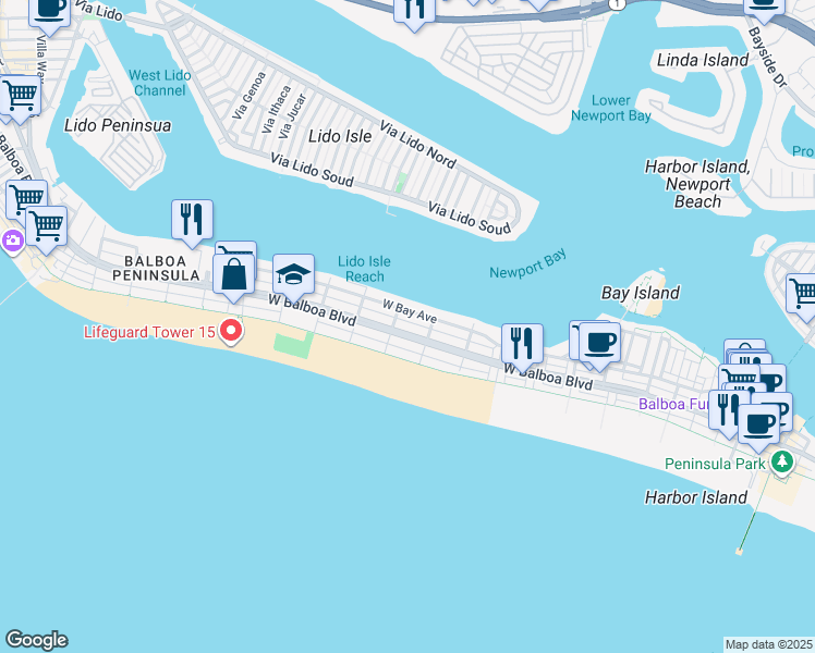 map of restaurants, bars, coffee shops, grocery stores, and more near 1034 West Balboa Boulevard in Newport Beach