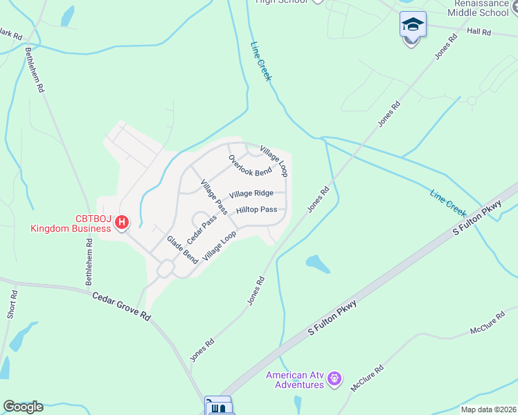 map of restaurants, bars, coffee shops, grocery stores, and more near 5455 Hilltop Pass in Fairburn