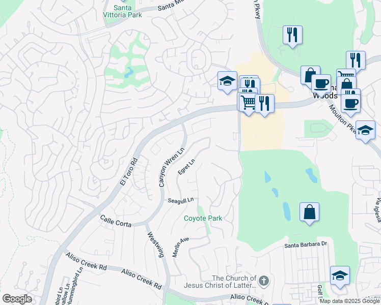map of restaurants, bars, coffee shops, grocery stores, and more near 30 Prairie Falcon in Aliso Viejo