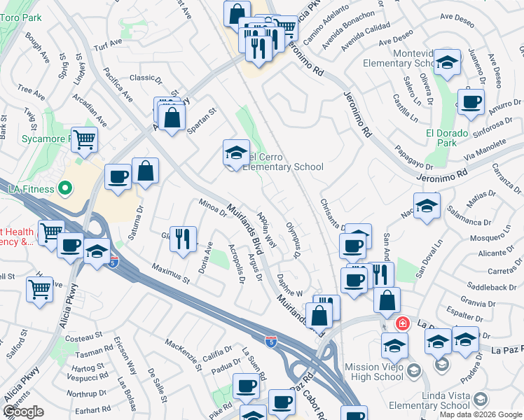 map of restaurants, bars, coffee shops, grocery stores, and more near 25831 Appian Way in Mission Viejo