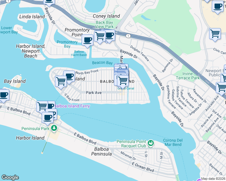 map of restaurants, bars, coffee shops, grocery stores, and more near 202 Amethyst Avenue in Newport Beach