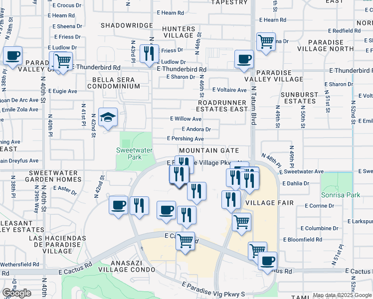 map of restaurants, bars, coffee shops, grocery stores, and more near 4515 East Pershing Avenue in Phoenix