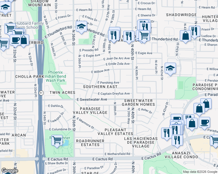 map of restaurants, bars, coffee shops, grocery stores, and more near 3808 East Surrey Avenue in Phoenix