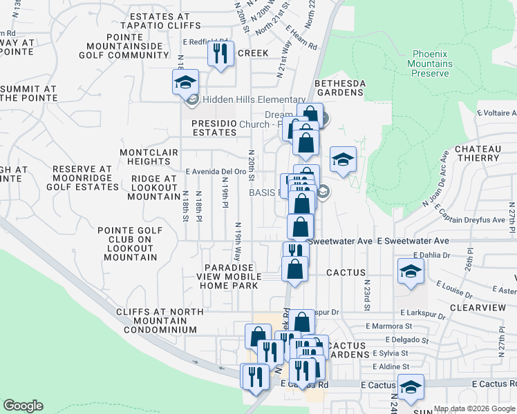 map of restaurants, bars, coffee shops, grocery stores, and more near 13202 North 20th Street in Phoenix