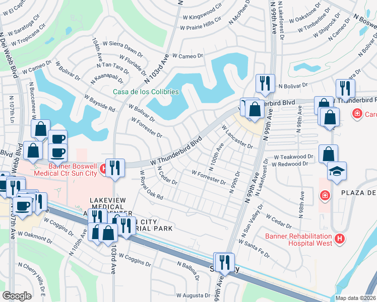 map of restaurants, bars, coffee shops, grocery stores, and more near 10055 West Thunderbird Boulevard in Sun City
