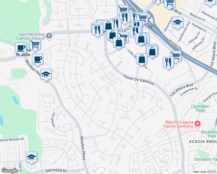 map of restaurants, bars, coffee shops, grocery stores, and more near 65 Calle Aragon in Laguna Woods