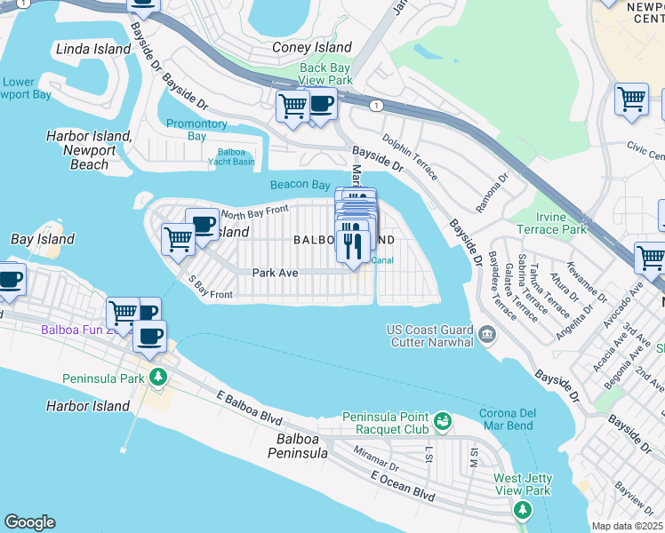 map of restaurants, bars, coffee shops, grocery stores, and more near 202 Amethyst Avenue in Newport Beach