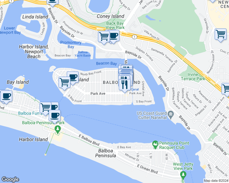 map of restaurants, bars, coffee shops, grocery stores, and more near 203 Amethyst Avenue in Newport Beach