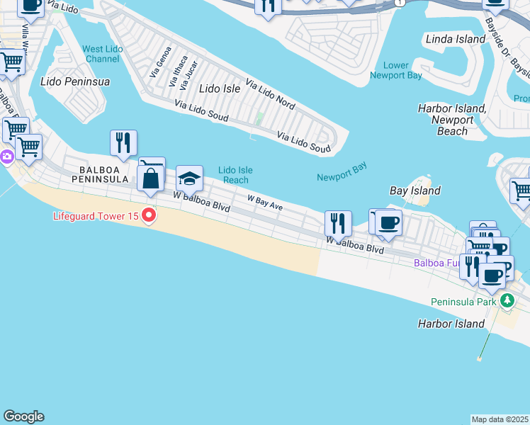 map of restaurants, bars, coffee shops, grocery stores, and more near 1005 West Bay Avenue in Newport Beach