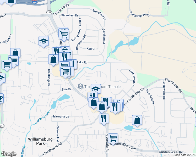 map of restaurants, bars, coffee shops, grocery stores, and more near 5470 Riverdale Road in Atlanta