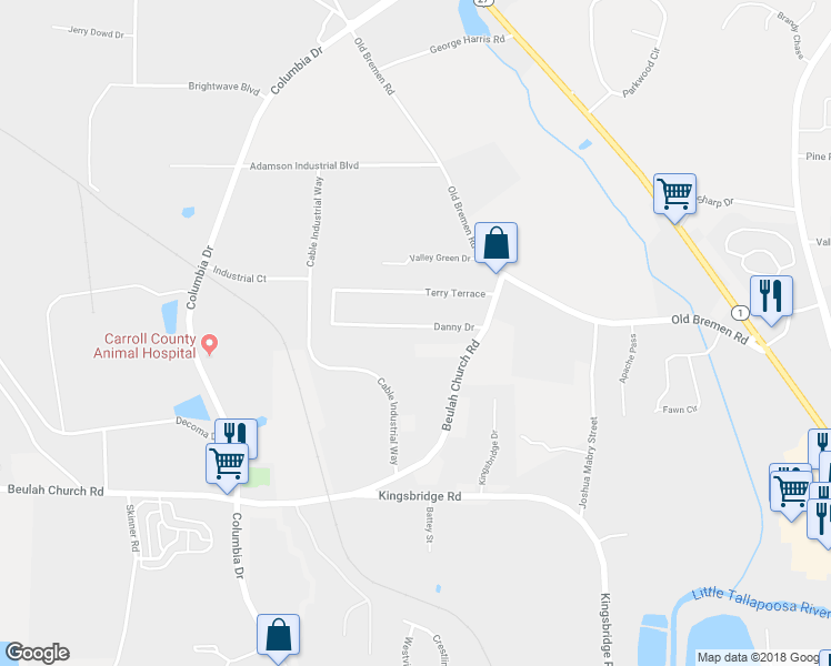 map of restaurants, bars, coffee shops, grocery stores, and more near 110 Danny Drive in Carrollton