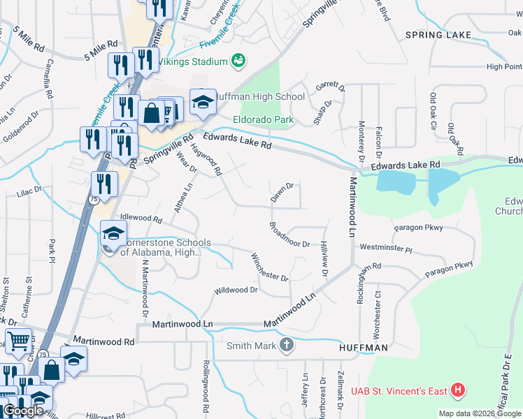 map of restaurants, bars, coffee shops, grocery stores, and more near 1024 Hagwood Road in Birmingham