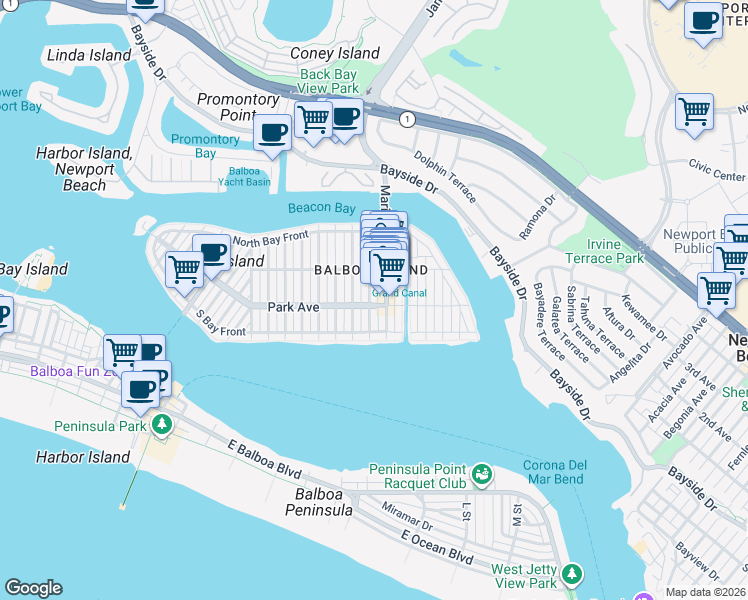 map of restaurants, bars, coffee shops, grocery stores, and more near 202 Onyx Avenue in Newport Beach