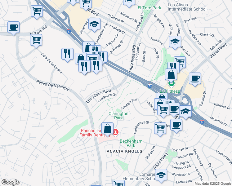 map of restaurants, bars, coffee shops, grocery stores, and more near 24681 Creekview Drive in Laguna Hills